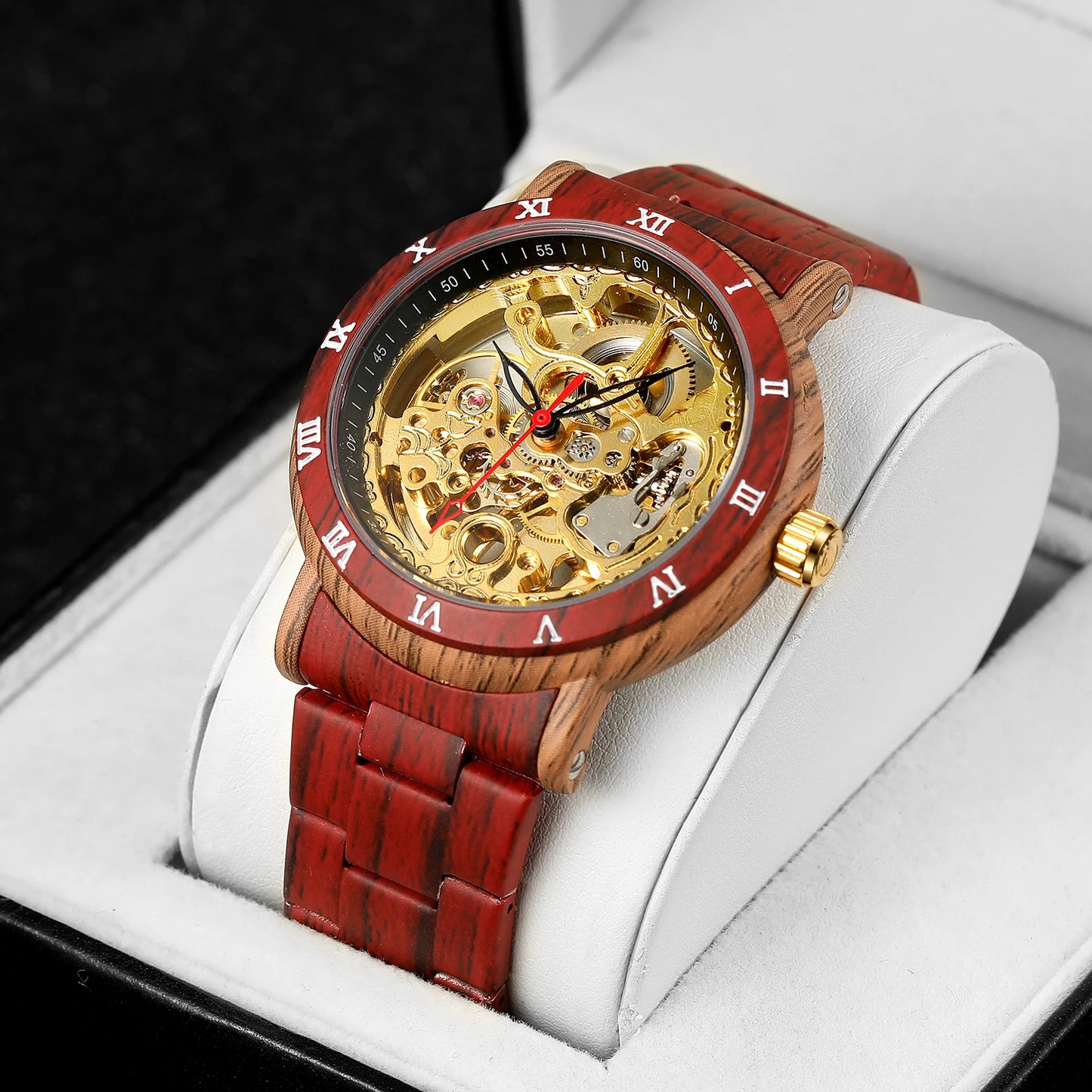 Excellence Design Skeleton Wristwatches Imitation Wood Grain Stainless Steel Strip  Automatic Watches for Men Transparent Watch