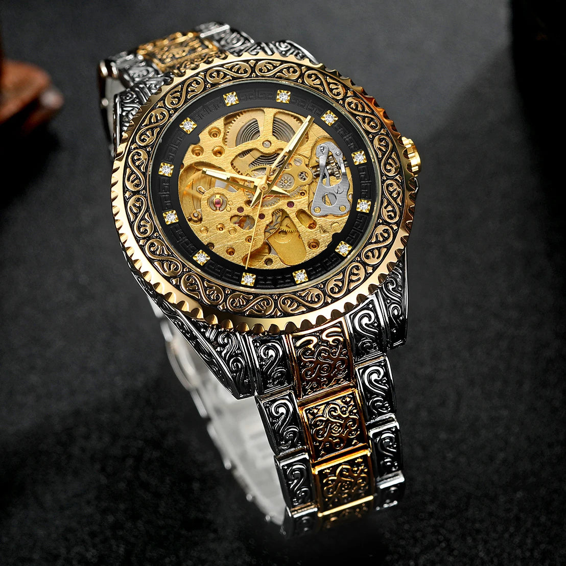 Excellence Luxury Men Automatic Mechanical Wristwatch Waterproof Stainless Steel 3D Diamond Watch Golden Men's watch Vintage