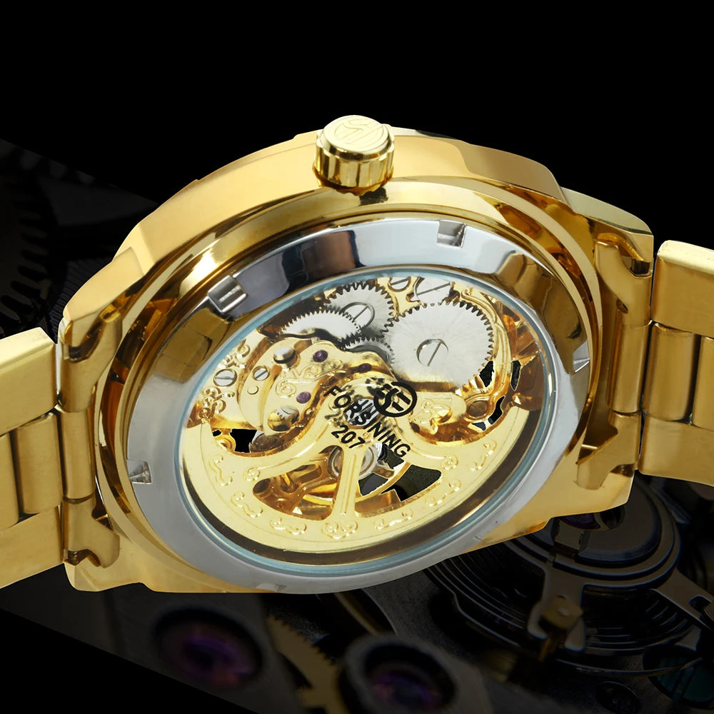 Excellence Square Skeleton Mechanical Watches Luxury Engraved Movement Retro Automatic Watch for Men Steel Strap Luminous Hands