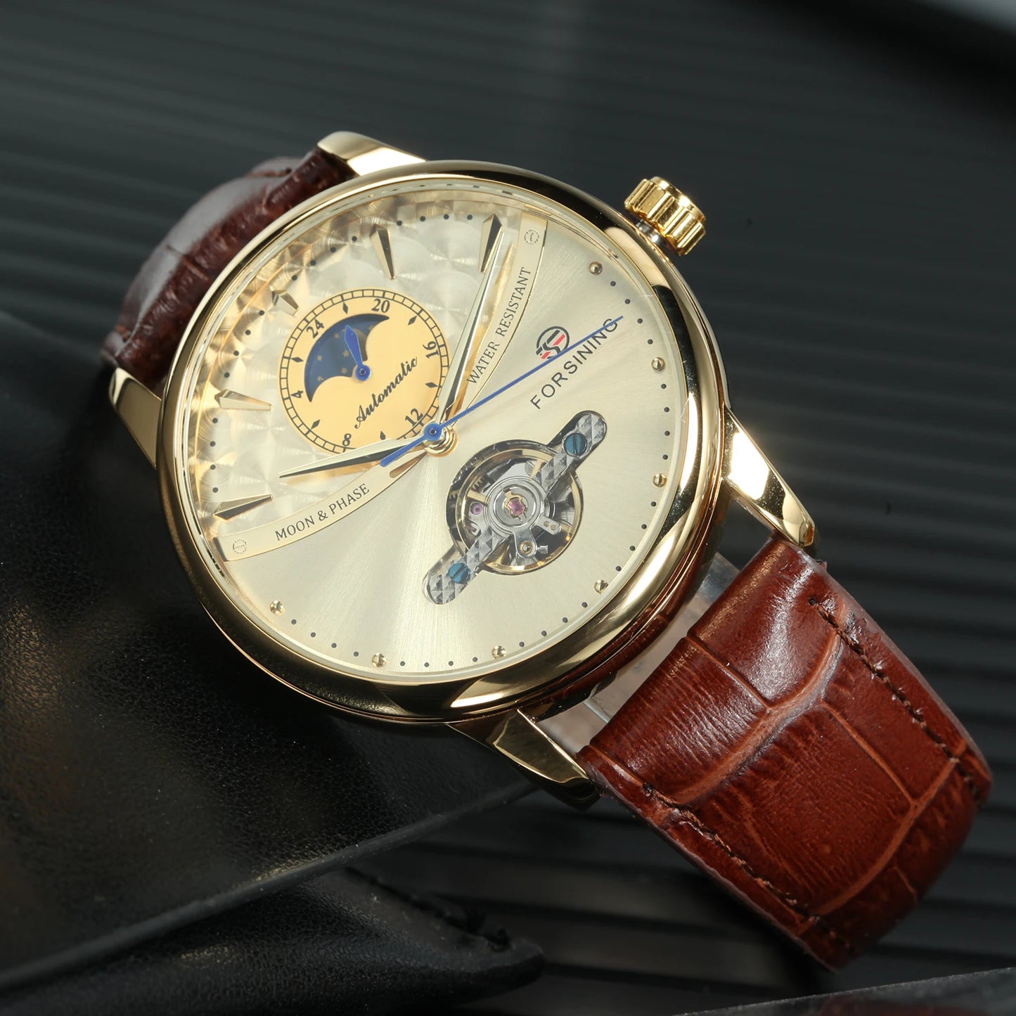 Excellence Luxury Gold Automatic Watch for Men Moon Phase Retro Brown Genuine Leather Belt Tourbillon Skeleton Mechanical Watch