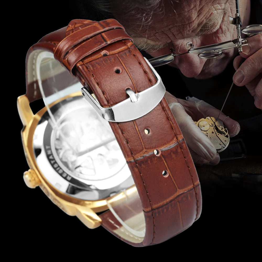 Excellence Gold Mechanical Men's Watches Top Brand Luxury Skeleton Automatic Watch Engraved Movement genuine Leather Strap 2024