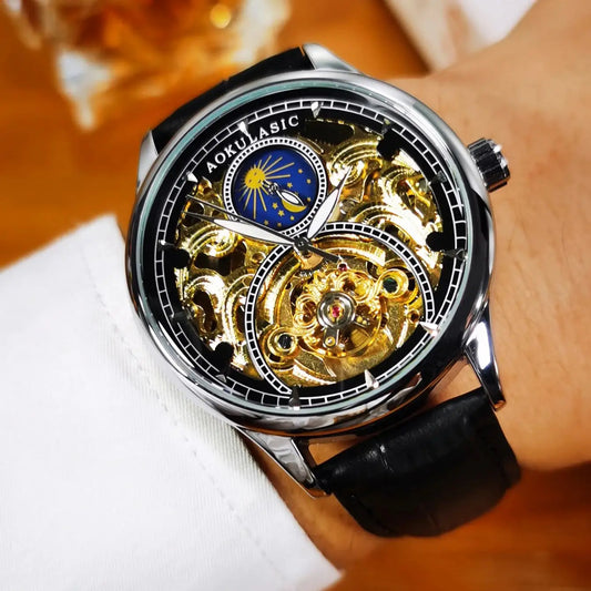 Excellence Tourbillon Men's Watches Top Brand Luxury Skeleton Automatic Mechanical Watch Casual Leather Strap Sun Phase Male Men watch