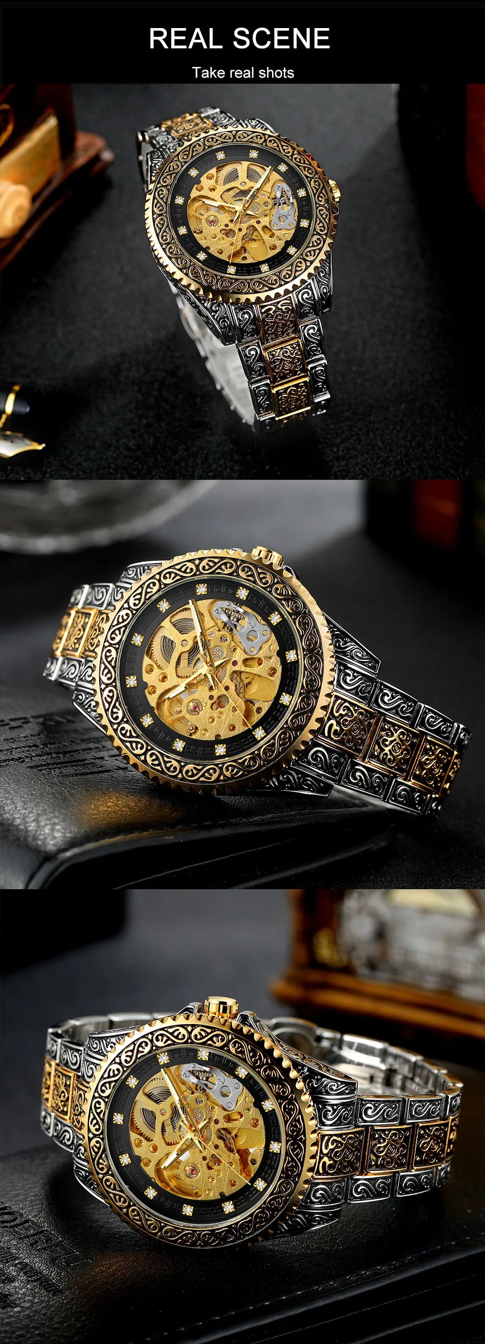 Excellence Luxury Men Automatic Mechanical Wristwatch Waterproof Stainless Steel 3D Diamond Watch Golden Men's watch Vintage