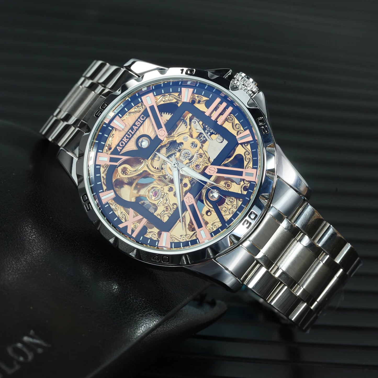 Excellence Brand Military Mechanical Watches Fashion Iced Out Gold Skeleton Automatic Watch for Men Stainless Steel Strap Luminous