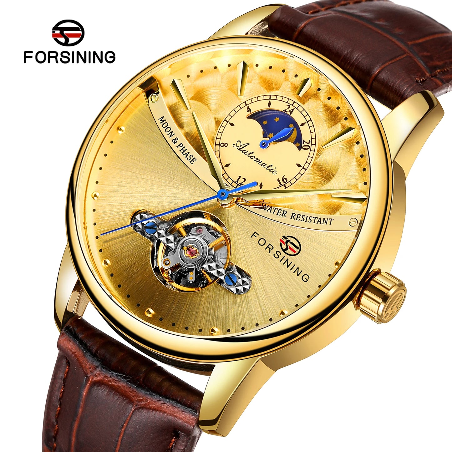 Excellence Luxury Gold Automatic Watch for Men Moon Phase Retro Brown Genuine Leather Belt Tourbillon Skeleton Mechanical Watch