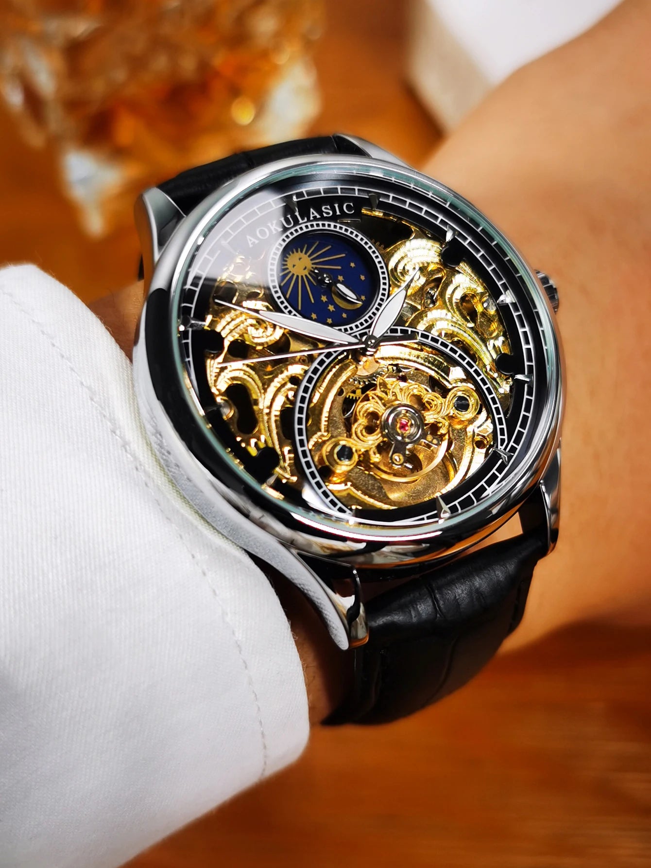 Excellence Tourbillon Men's Watches Top Brand Luxury Skeleton Automatic Mechanical Watch Casual Leather Strap Sun Phase Male Men watch