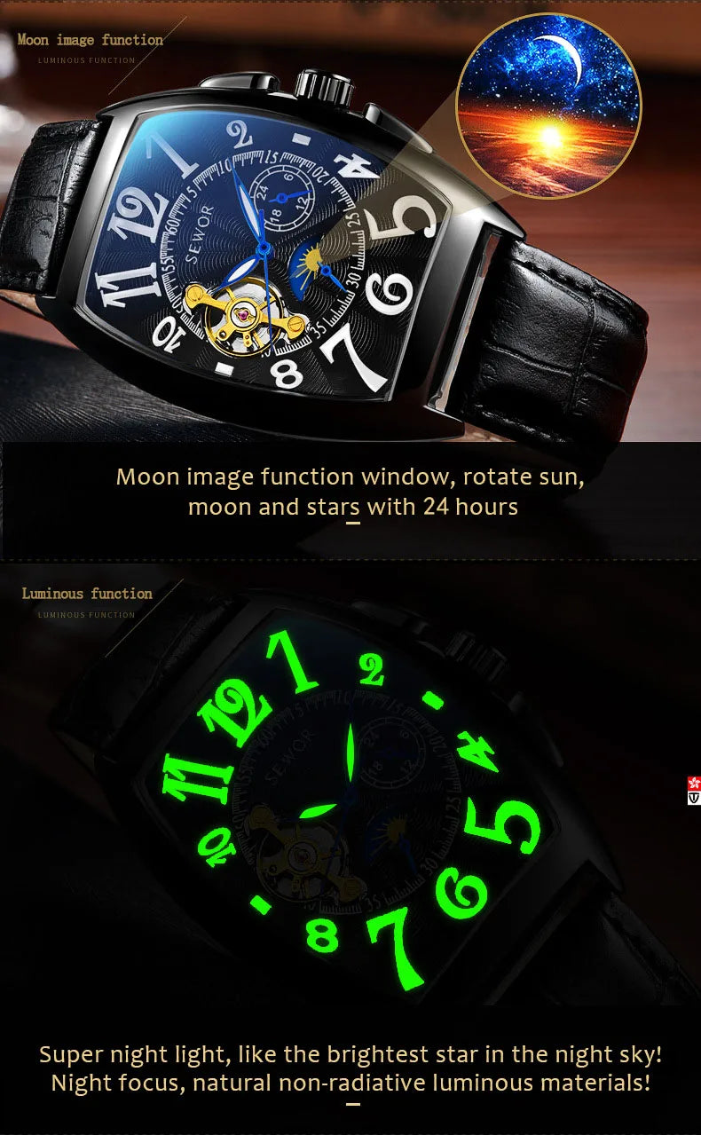 Excellence Luxury Skeleton Automatic Men's Watch Moon Phase Tonneau Tourbillon Mechanical Watches Genuine Leather Strap Luminous Hands