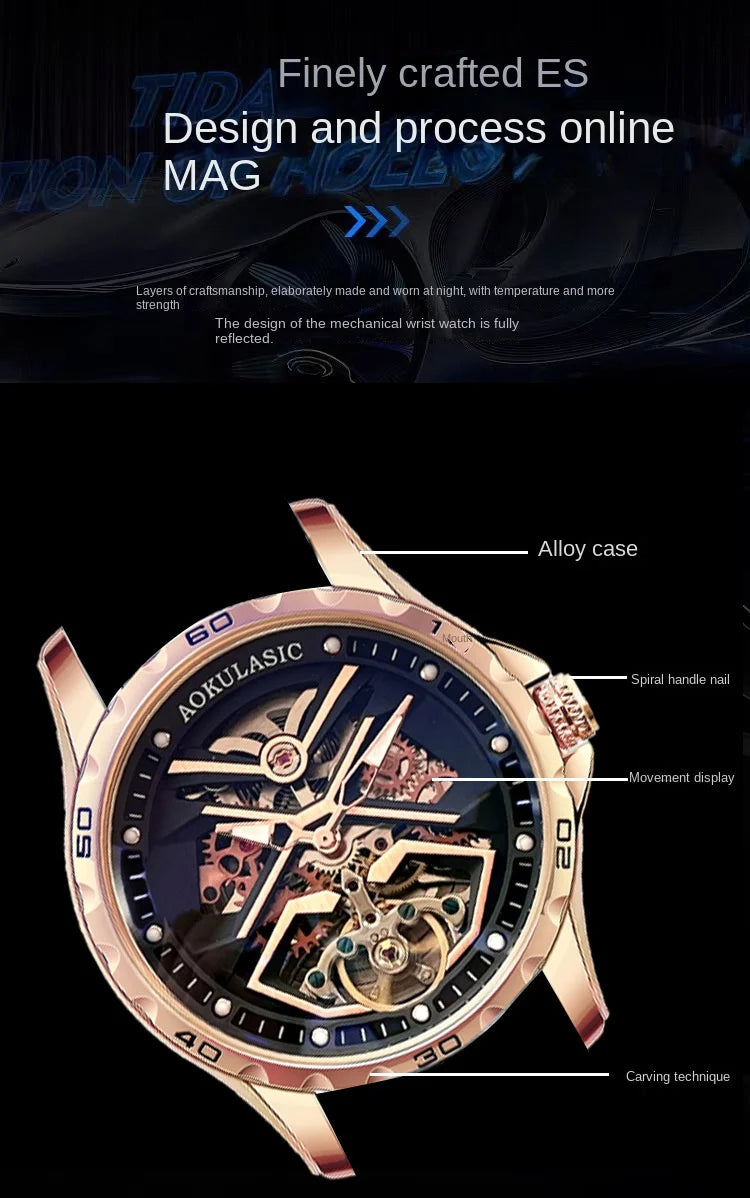 Excellence Fashion Tourbillon Skeleton Mechanical Watches Luminous Hands Rose Gold Automatic Watch for Men Steel Leather Strap