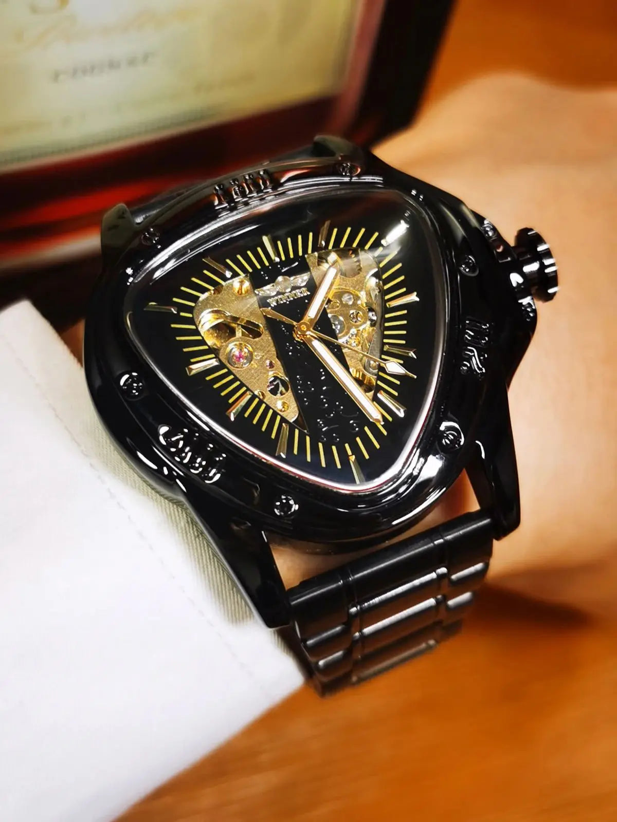 Excellence Sports Military Skeleton Automatic Mechanical Watch for Men Black Gold Triangle Dial Steel Leather Strap Luxury Watches