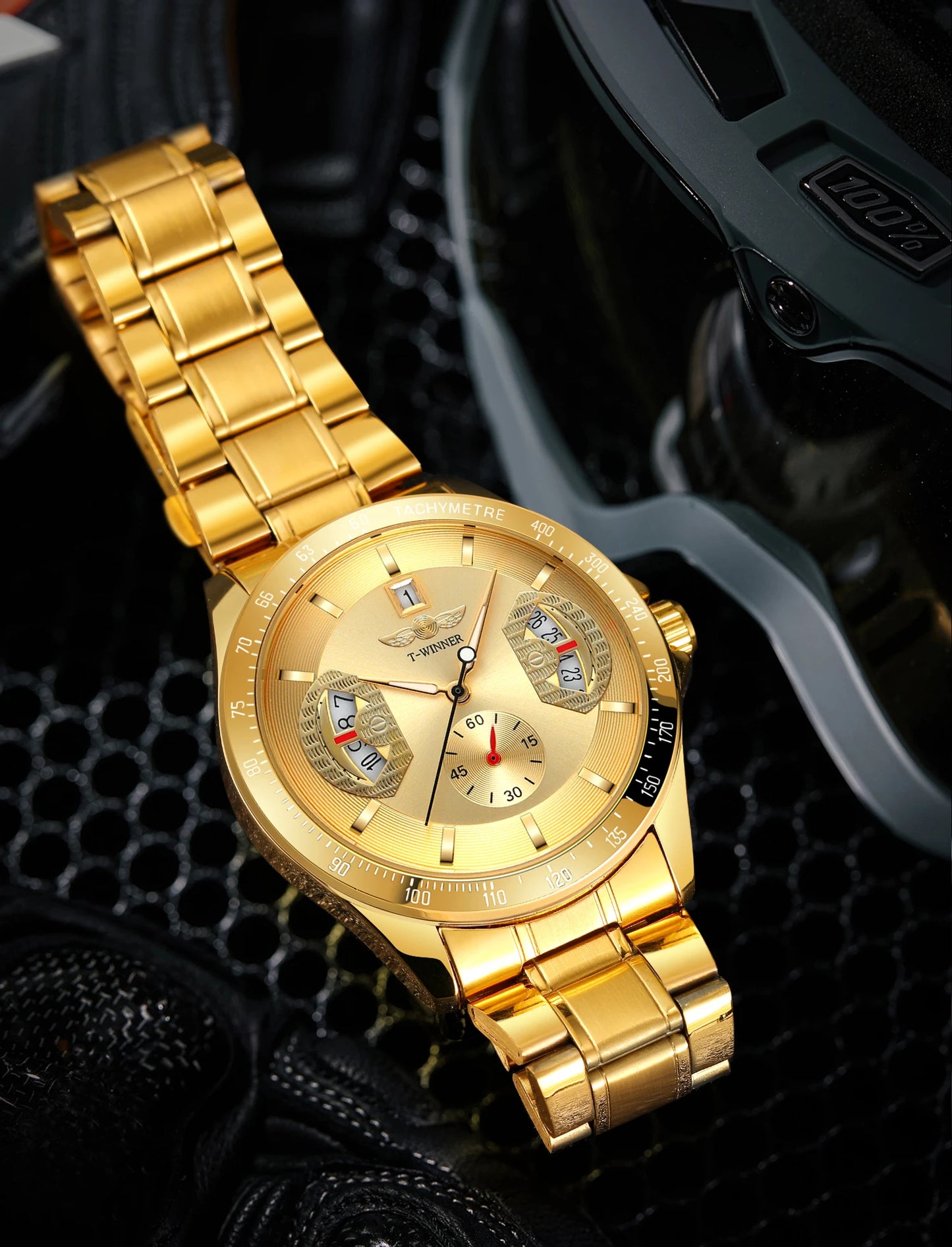 Excellence  Sports Skeleton Mechanical Watches Red Multifunction Dial Date Display Casual Leather Strap Military Automatic Men's Watch