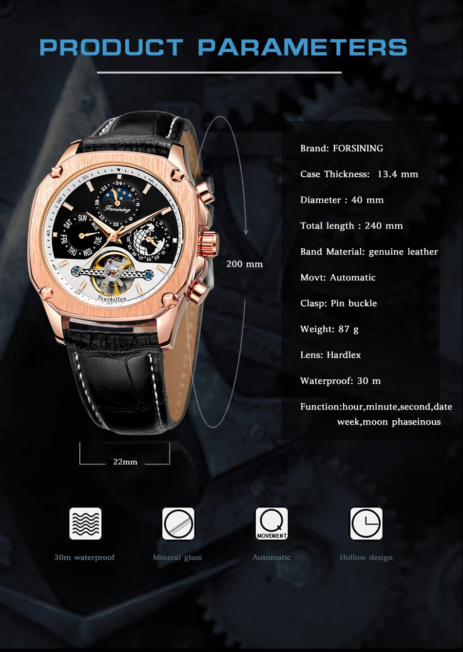 Excellence New Square Waterproof Mechanical Watches Luxury Leather Watch For Men Tourbillon Multifunctional Automatic Date Wristwatch