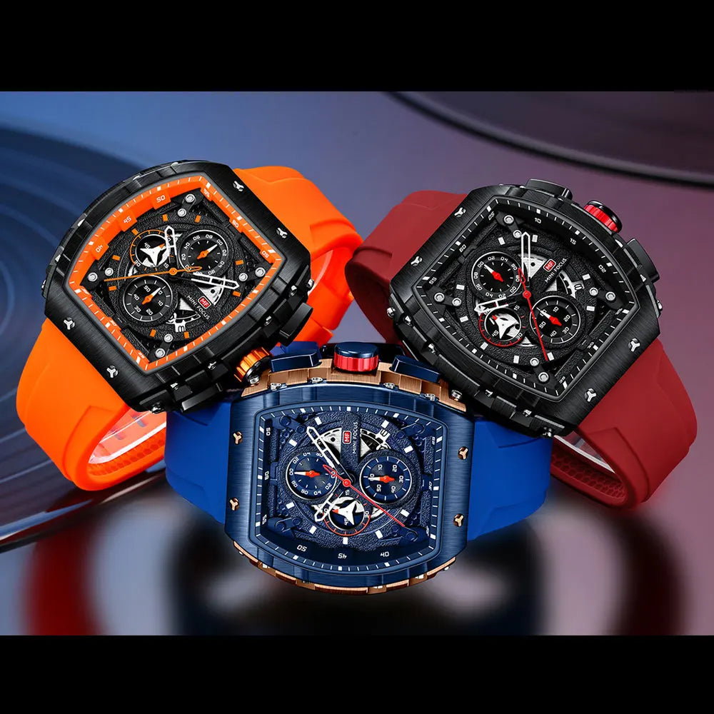 MINI FOCUS Sport Chronograph Quartz Watch for Men Fashion Blue Silicone Strap Tonneau Dial Wristwatch with Date 3atm Waterproof