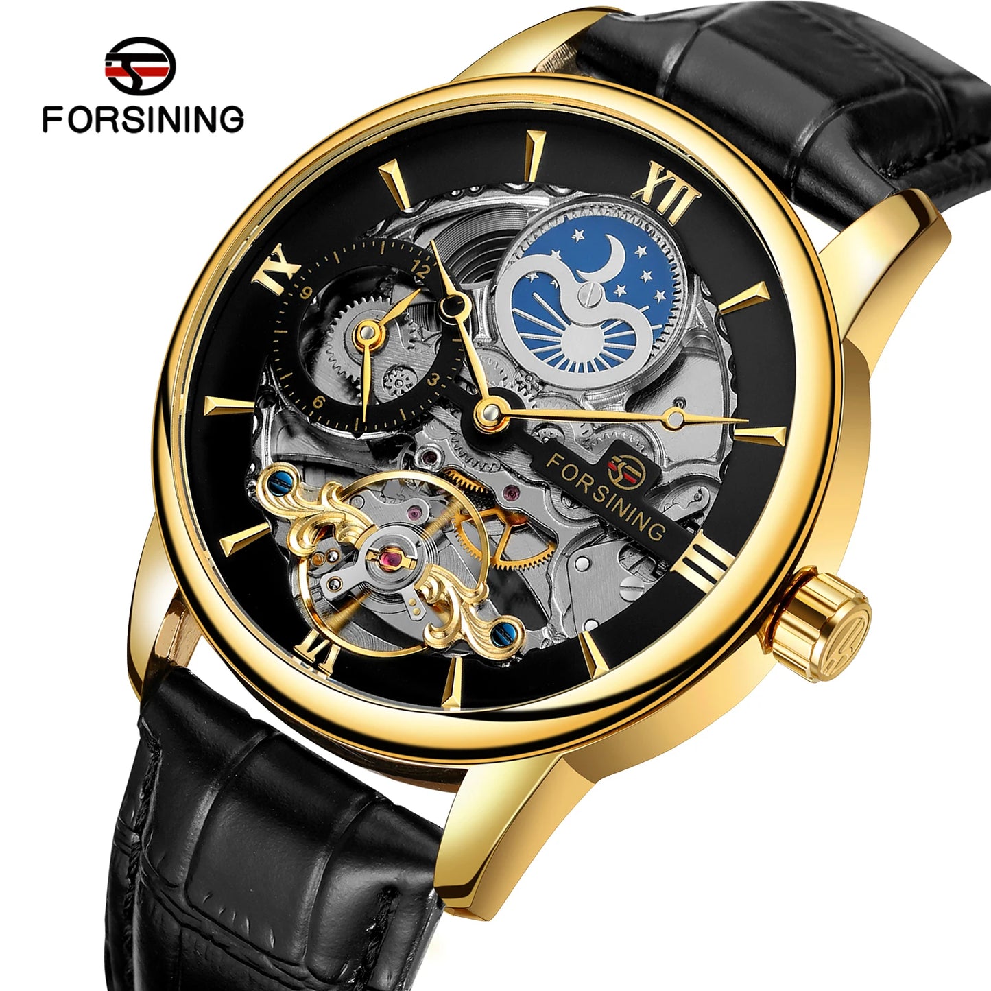 Excellence High Quality Multiple Time Zon Moonphase Automatic Watch Fashion Luxury Skeleton Mechanical Watches Men's Wristwatch Leather Belt