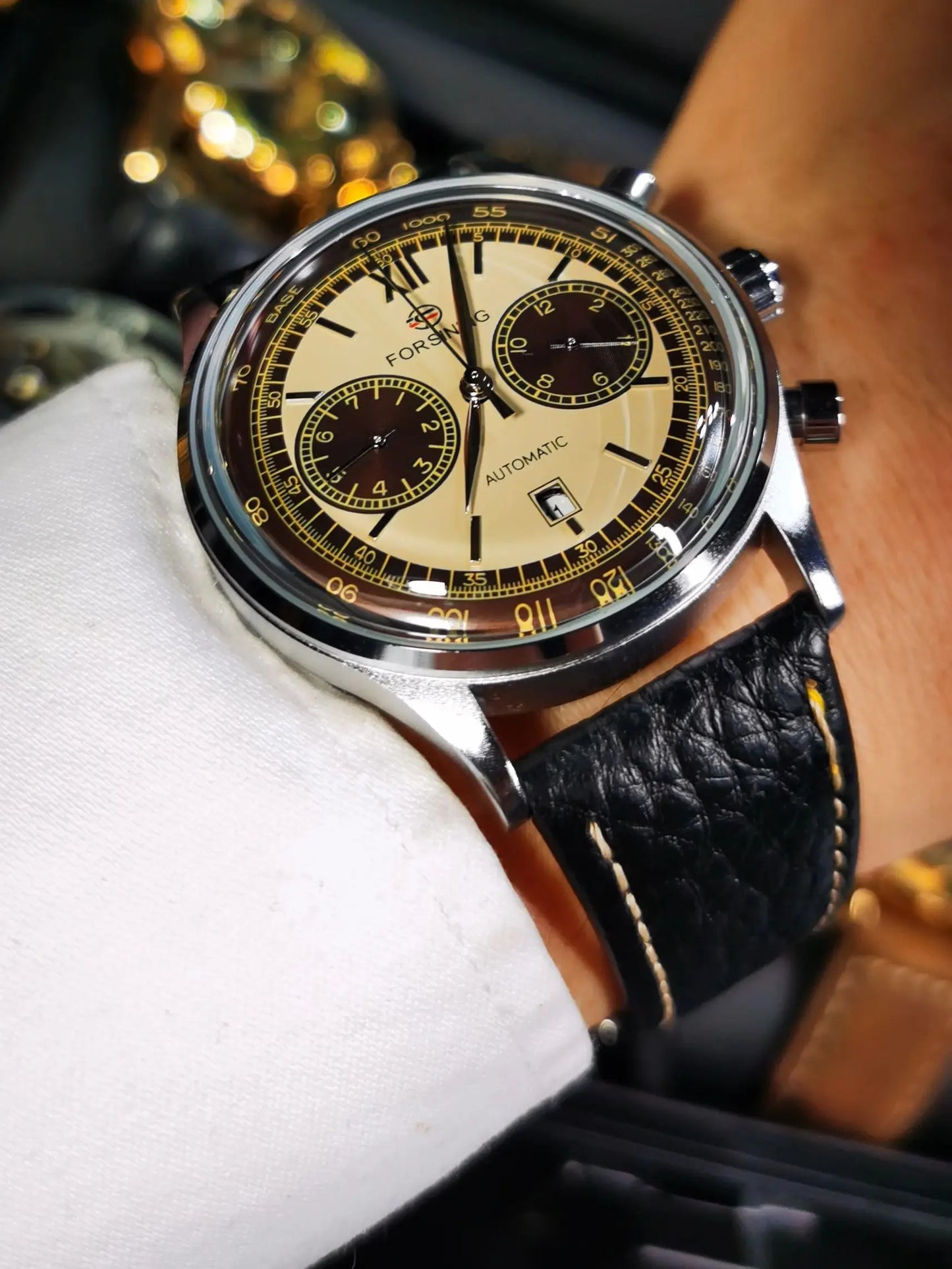 Excellence Concave Glass Calendar Sub-Dials Mechanical Watch Movement Automatic Men Watch Genuine Leather