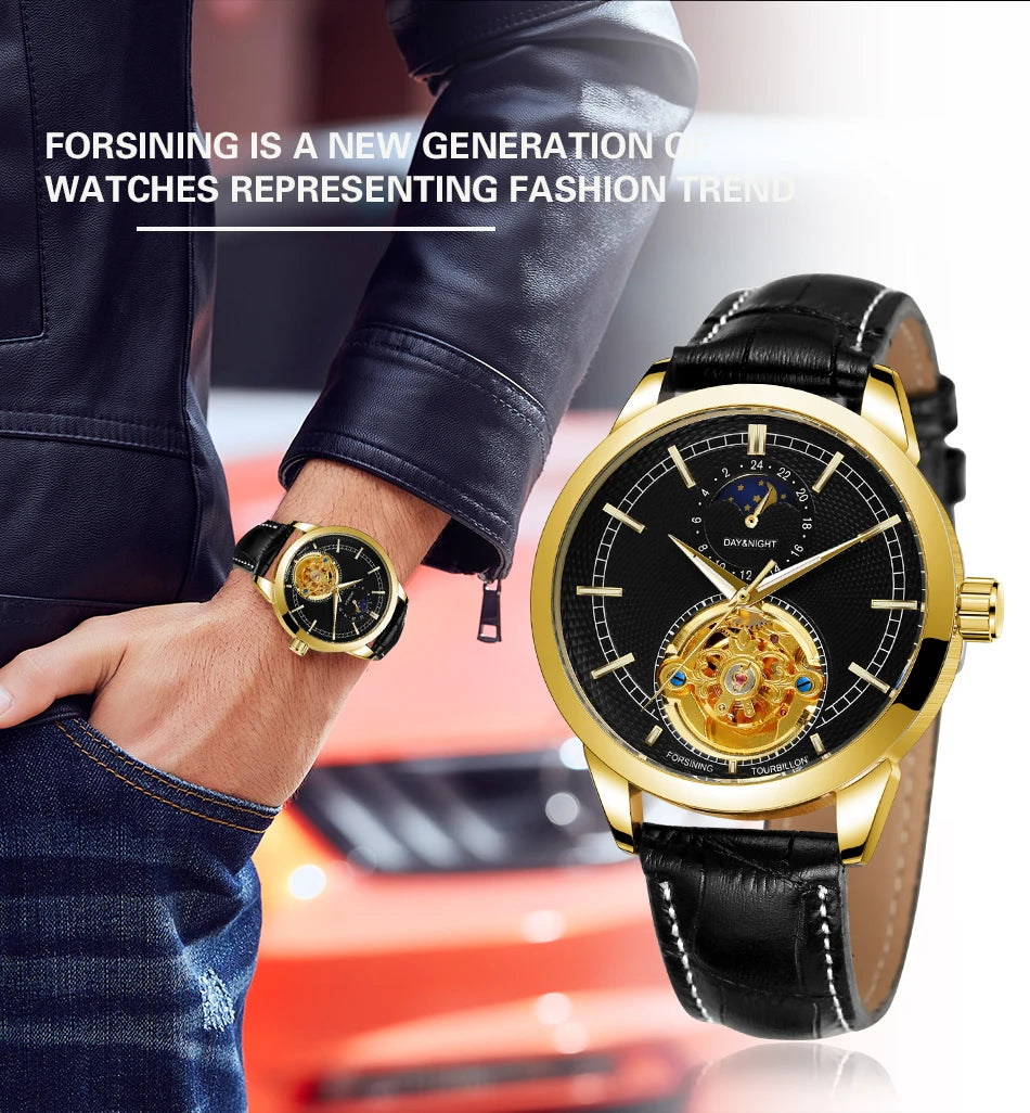 Excellence  Top Brand Hollow Tourbillon Pin Scale Full Automatic Mechanical Man Business Leather Belt Moon Phase Watch