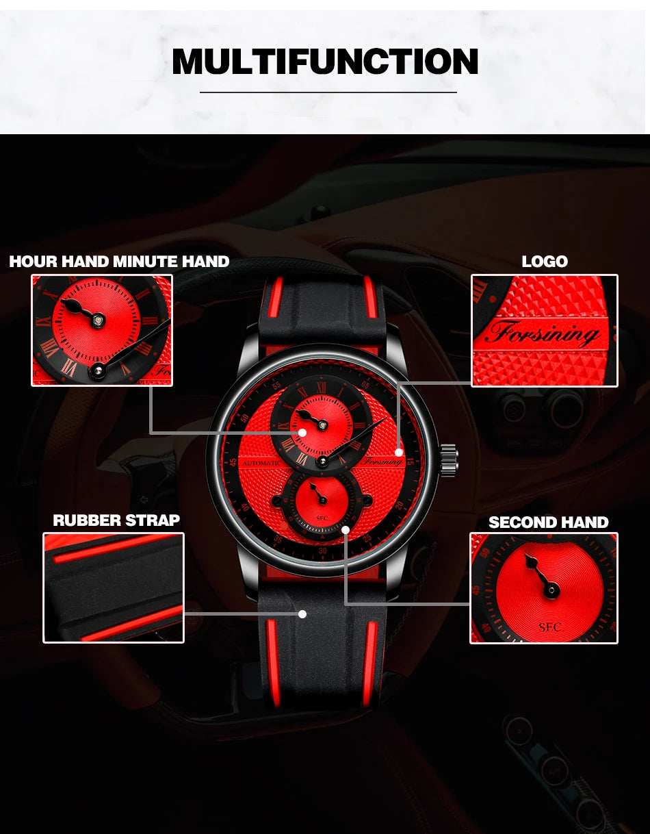 Excellence Red Casual Automatic Mechanical Watches Rubber strap Waterproof Men's Watch Top Brand Luxury Watch