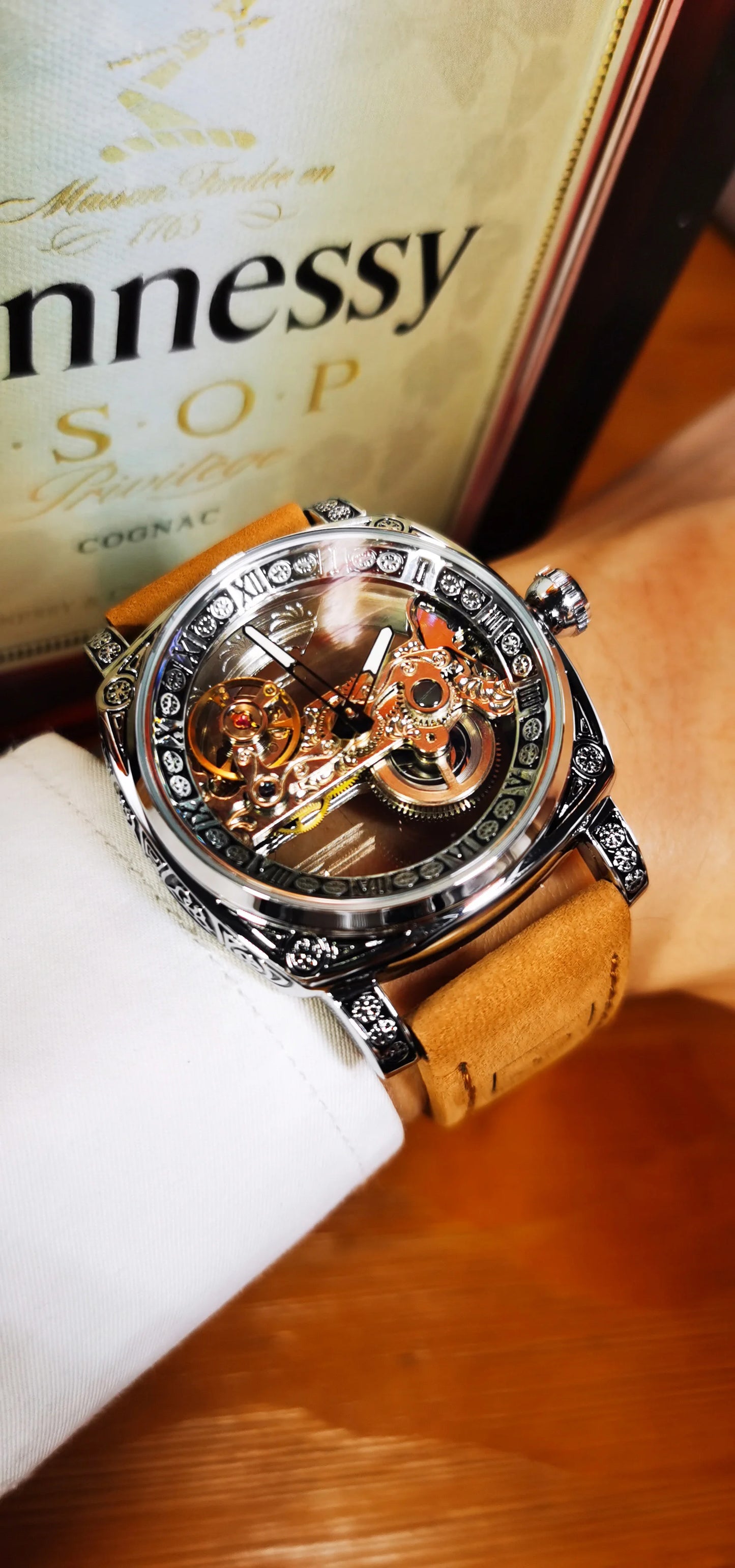 Excellence Square Luxury Skeleton Mechanical Watches Retro Engraved Case Golden Bridge Automatic Men's Watch Genuine Leather Strap