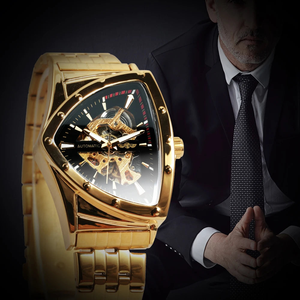 Excellence Military Triangle Skeleton Automatic Watch for Men Gold Sports Mechanical Watches Luxury Stainless Steel Strap Luminous