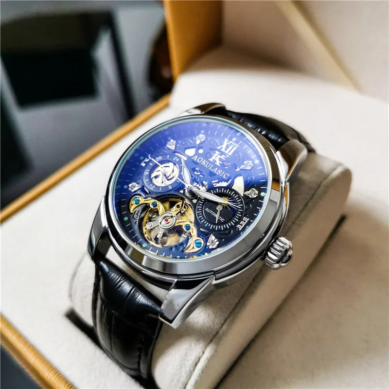 Excellence Skeleton Men's Watches Top Brand Luxury Moon Phase 24 Hours Display Iced Out Automatic Mechanical Watch Leather Strap